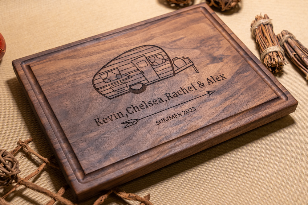 Personalized, Engraved Cutting Board with Cute Camping Trailer for Wedding  or Anniversary Gift #113 - Walnut Artisan Gallery